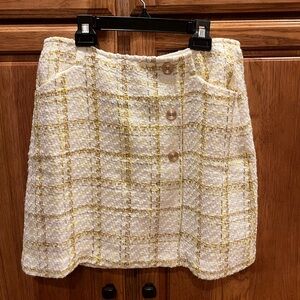 CAbi Cream Tweed A-Line Mini Skirt with Gold Plaid & Button Detail